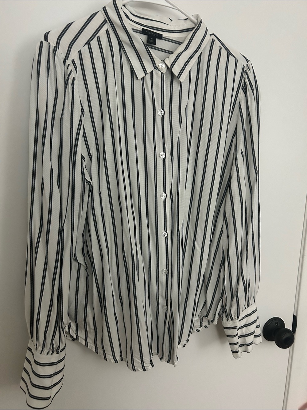 Ann Taylor Black and White Vertical Stripe Button-Up Blouse
